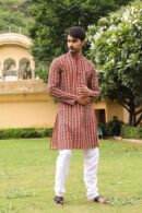 Orangy Red Hand Block Printed Kurta for Men with Stripes