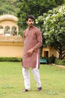 Orangy Red Hand Block Printed Kurta for Men with Stripes