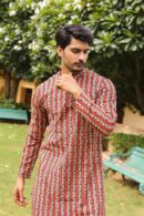 Orangy Red Hand Block Printed Kurta for Men with Stripes