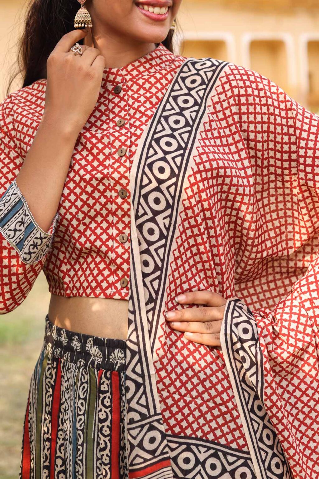 Light Maroon Cotton Lehenga Blouse With Star Print