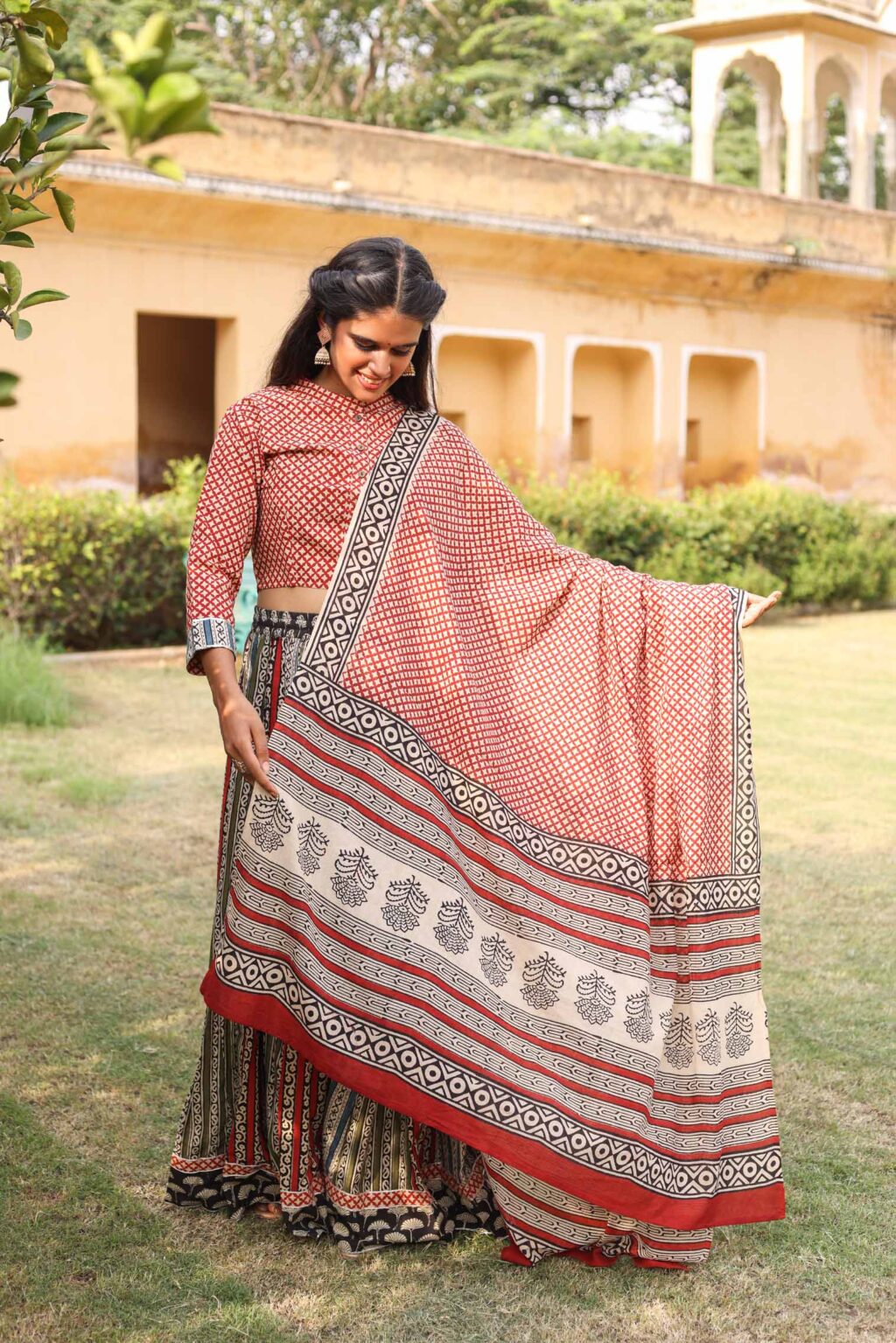 Light Maroon Cotton Lehenga Blouse With Star Print