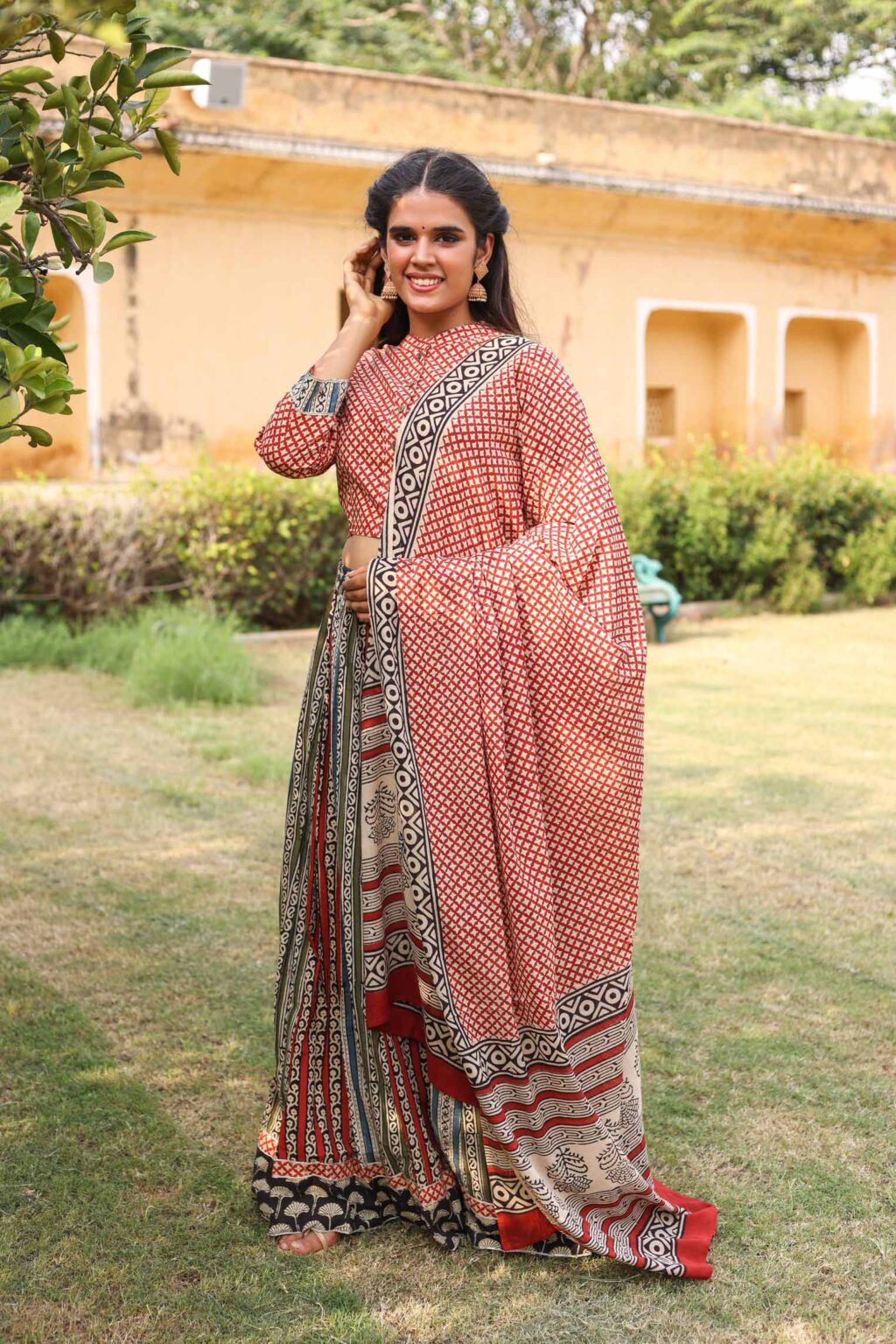 Light Maroon Cotton Lehenga Blouse With Star Print