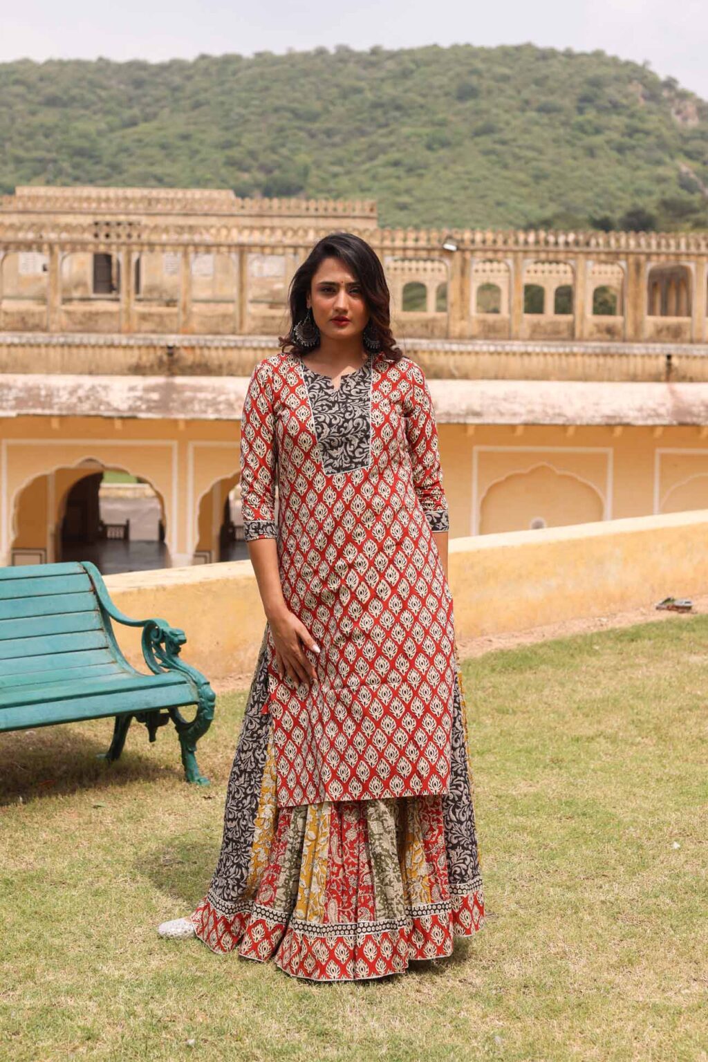 Cornell Red Cotton Lehenga Kurti Hand Block Print