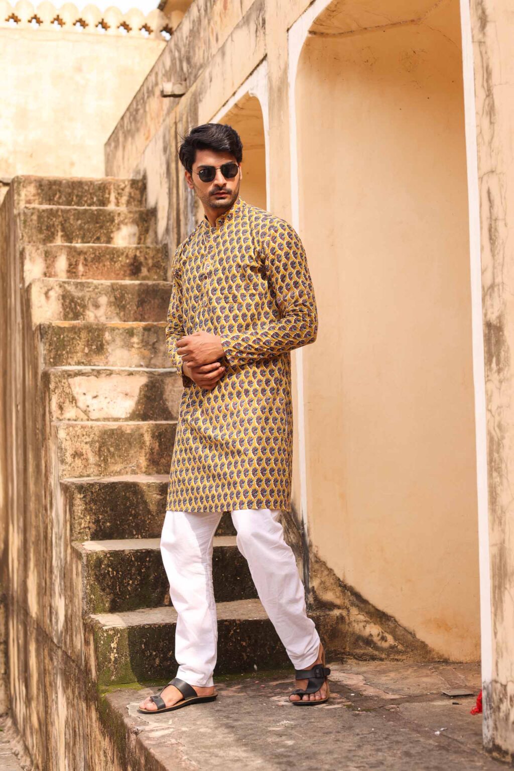 Mango Coloured Bagru Printed Kurta for Men