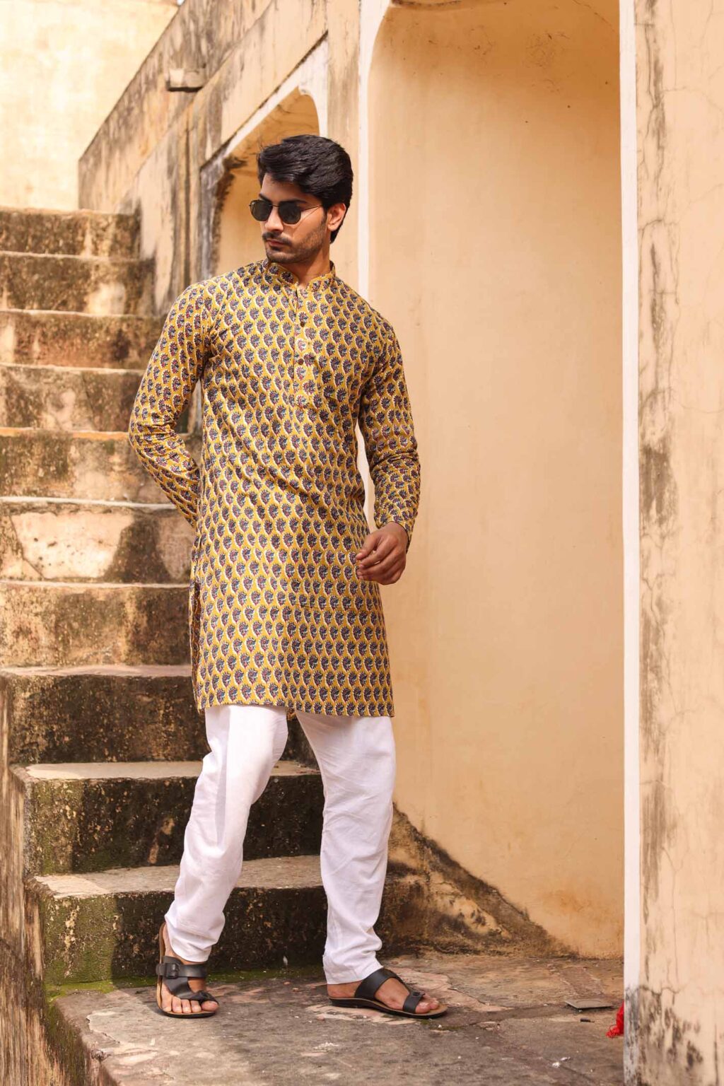 Mango Coloured Bagru Printed Kurta for Men