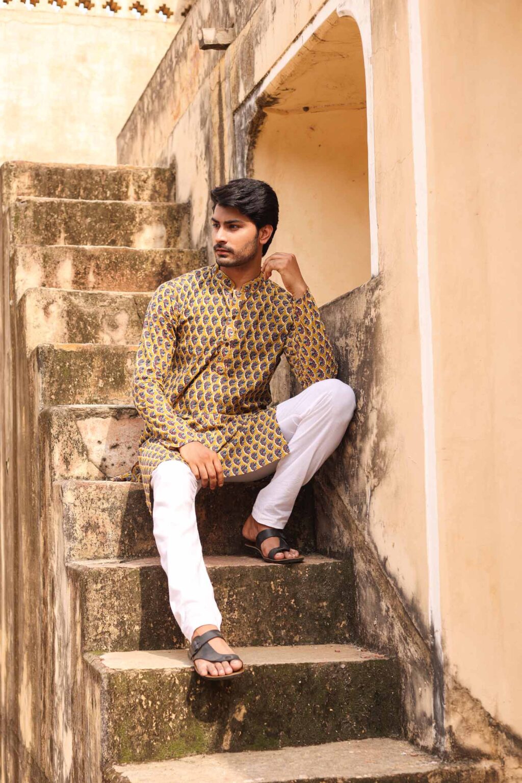 Mango Coloured Bagru Printed Kurta for Men