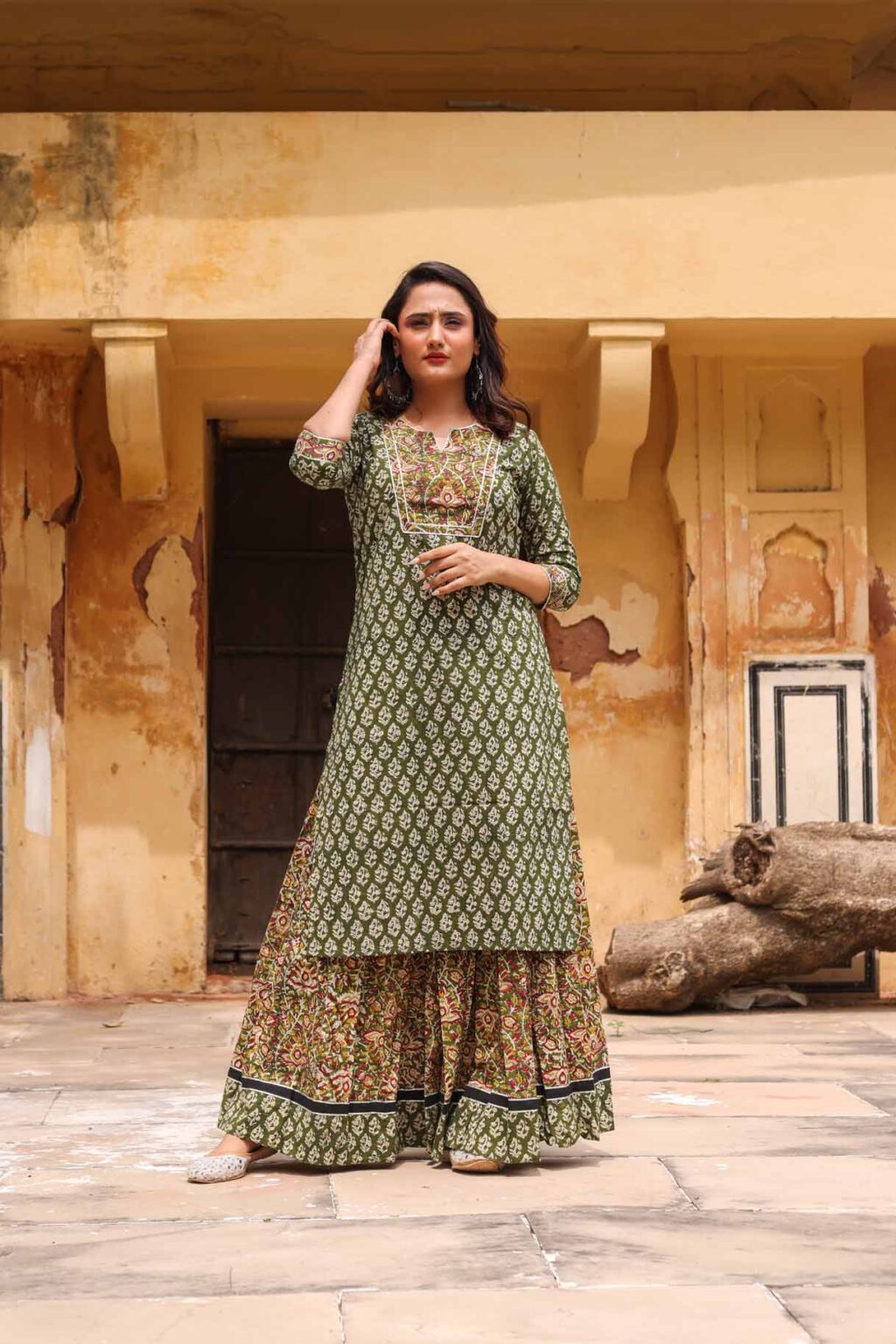Army Green Cotton Lehenga Kurti Hand Block Print