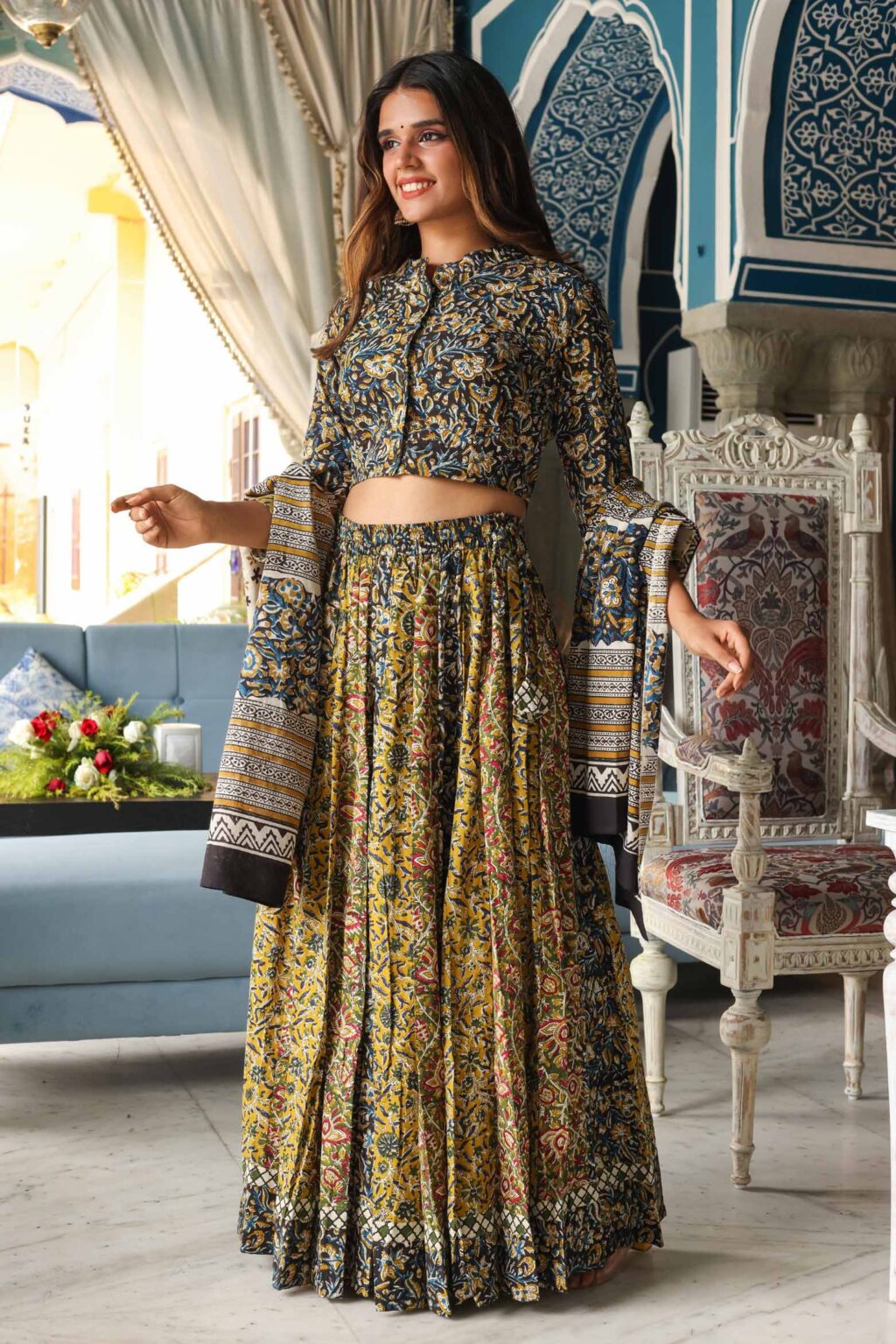 Multi colour Printed  Kurti Lehenga with Bagru Print