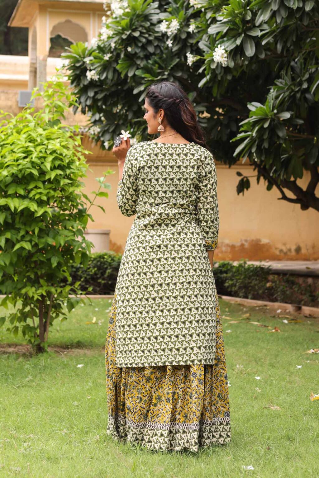Warm Grey Cotton Lehnga Kurti With White Tringle Print