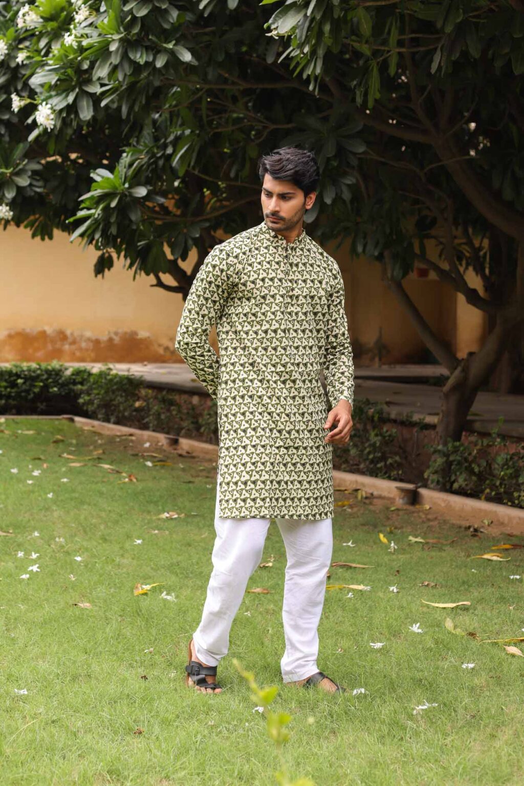 Green Tirangle Pattern Egg Shell Colour Block Print Kurta
