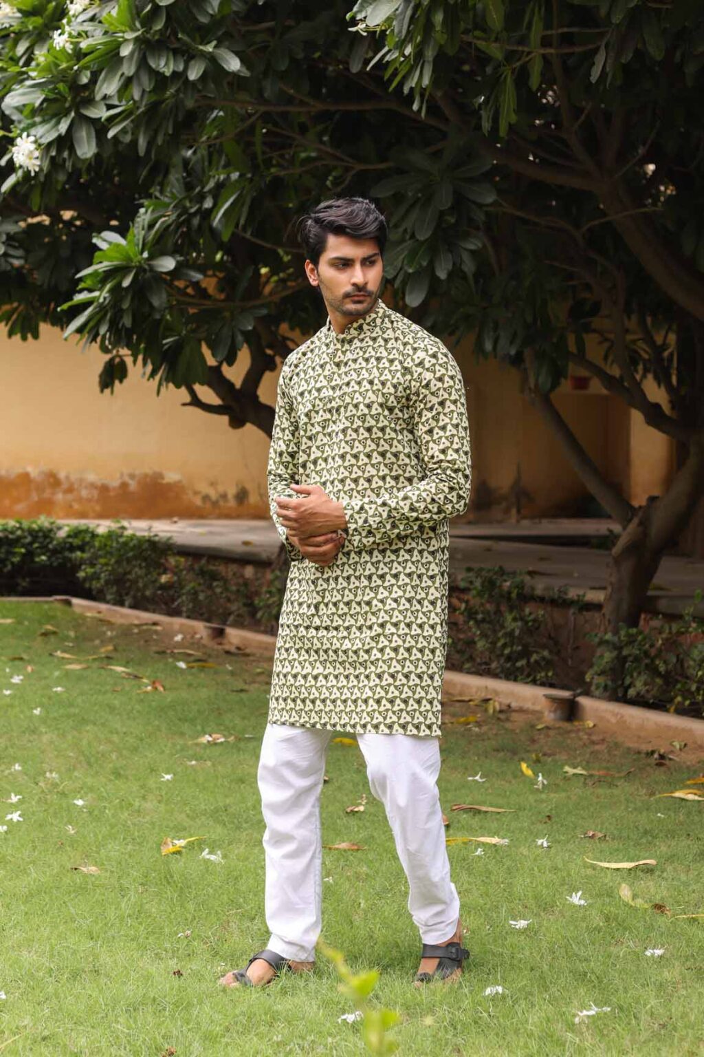 Green Tirangle Pattern Egg Shell Colour Block Print Kurta