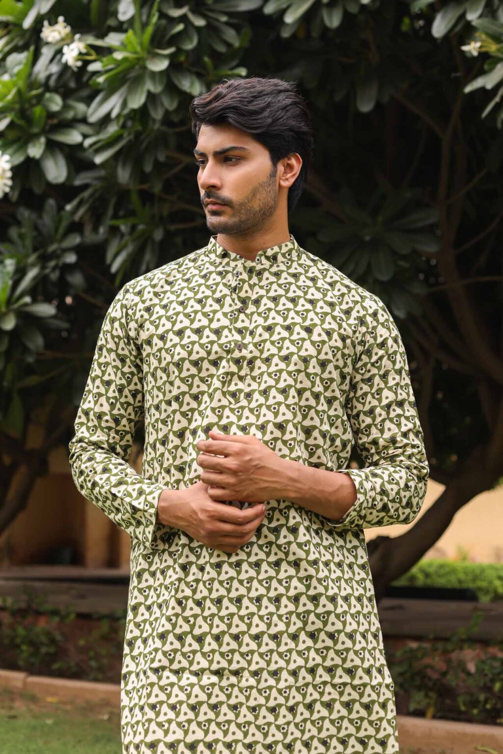 Green Tirangle Pattern Egg Shell Colour Block Print Kurta