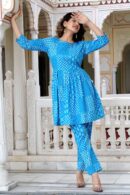 Bright Sky Blue Cotton Cord Set Suit For Women