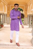Pinkish Purple Printed Cotton Kurta for Men