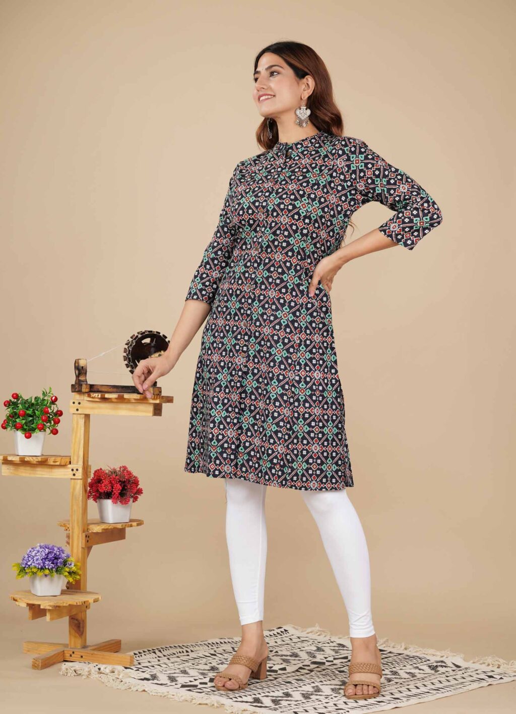 Davy Grey Cotton Kurti with Sanganeri Print