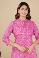 Pink Straight Cotton Kurti with Sanganeri Print