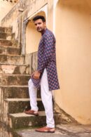Dark Slate Blue Cotton Printed Kurta for Men