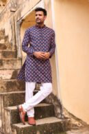 Dark Slate Blue Cotton Printed Kurta for Men