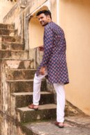Dark Slate Blue Cotton Printed Kurta for Men