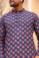 Dark Slate Blue Cotton Printed Kurta for Men