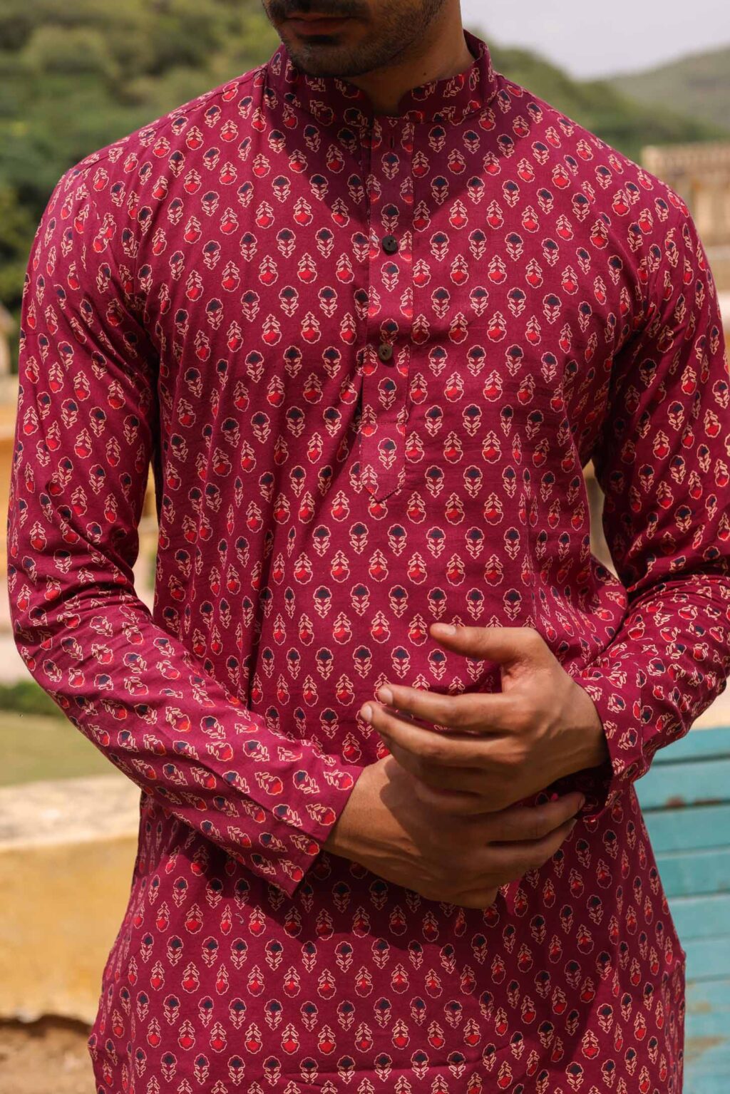 Rich Maroon Printed Cotton Kurta For Men