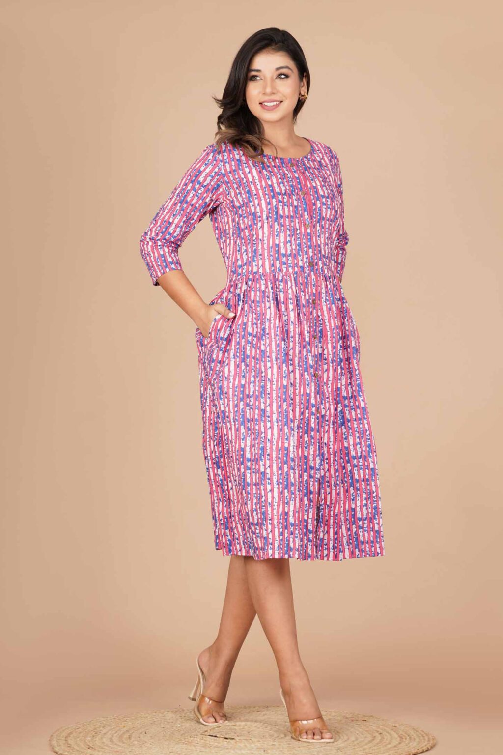 Pink Strips Block Printed One Piece Dress for Women