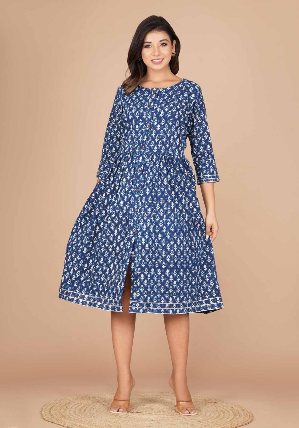Rhino Blue (Indigo) Dabu Printed One Piece Dress Onine