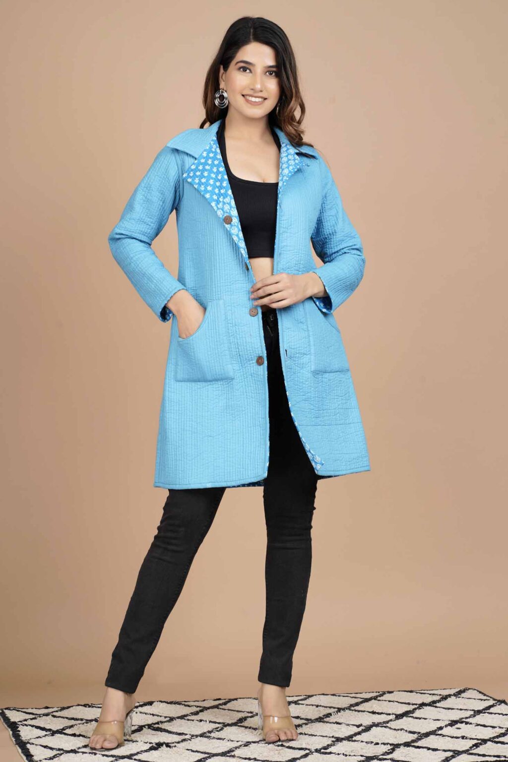 Malibu Blue Reversible Long Quilted Cotton Jacket For Women