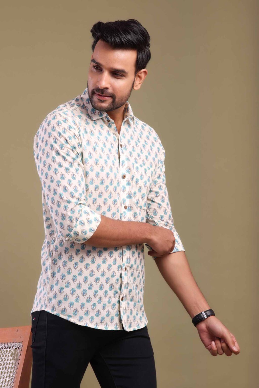 White Printed Shirt with Leafy Design