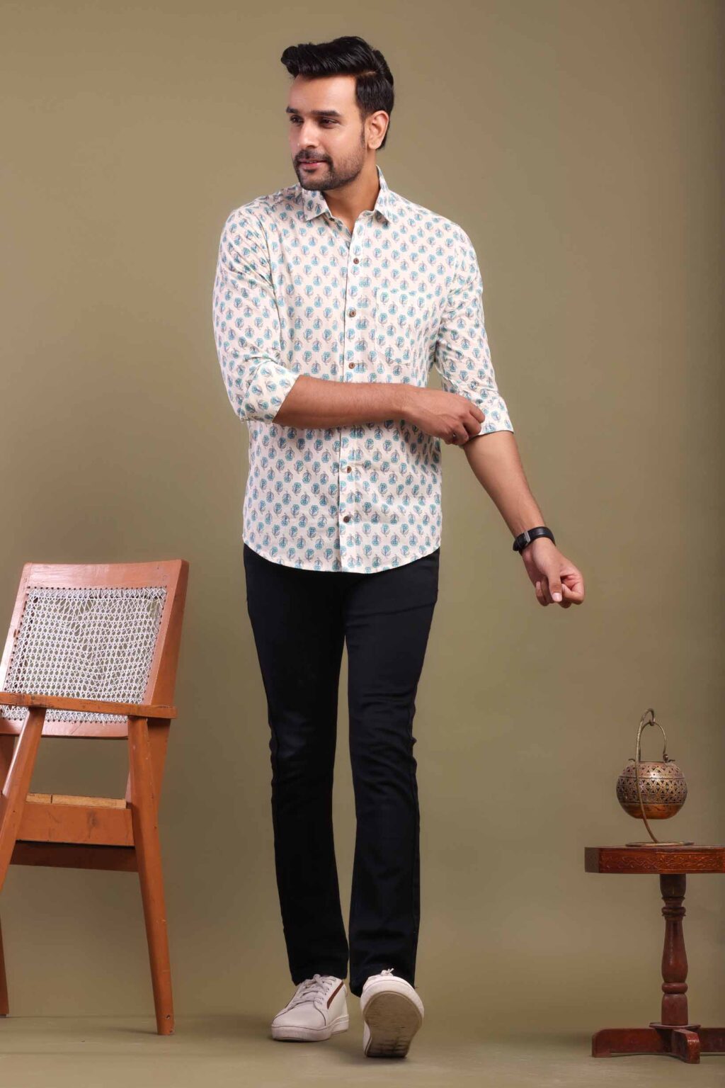 White Printed Shirt with Leafy Design