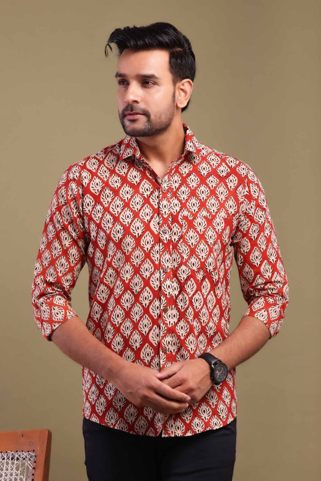 Persian Red Printed Shirt with Floral Design