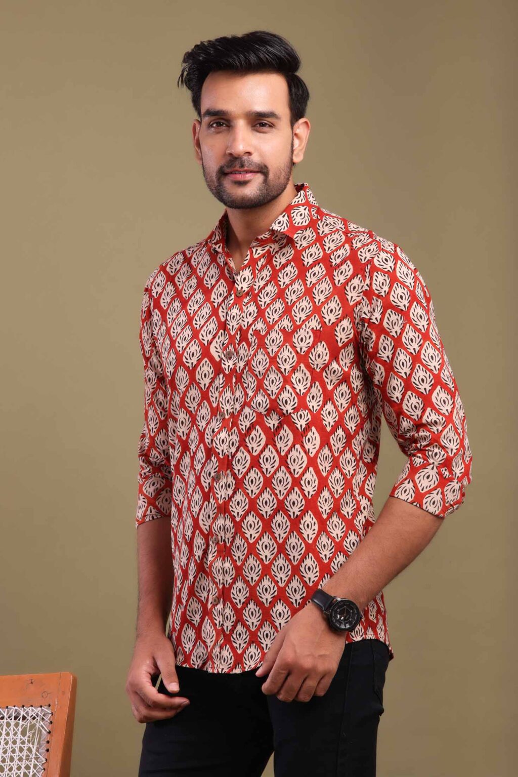 Persian Red Printed Shirt with Floral Design