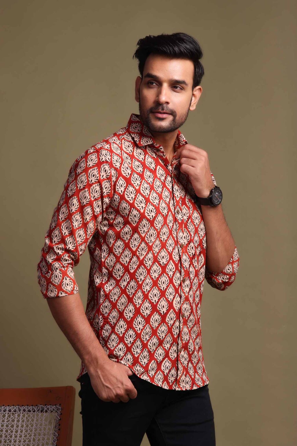 Persian Red Printed Shirt with Floral Design