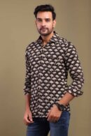 Dark Black Printed Shirt with Floral Design
