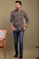 Dark Black Printed Shirt with Floral Design