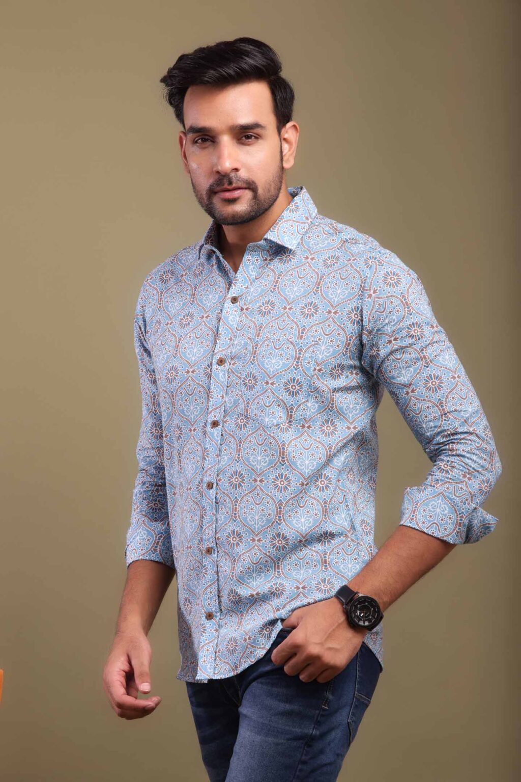 SeaBlue Sanganeri Printed Cotton Shirt