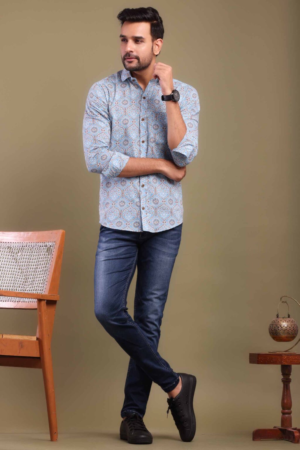 Baby Blue Printed Shirt with Floral Design