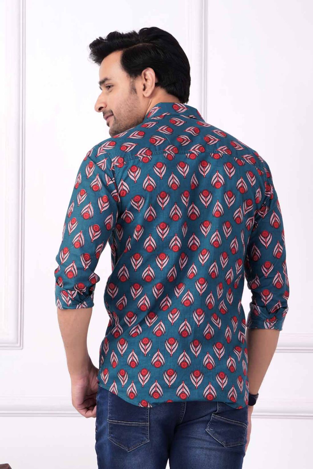 Dark Grey Blue Printed Shirt with Leafy Design