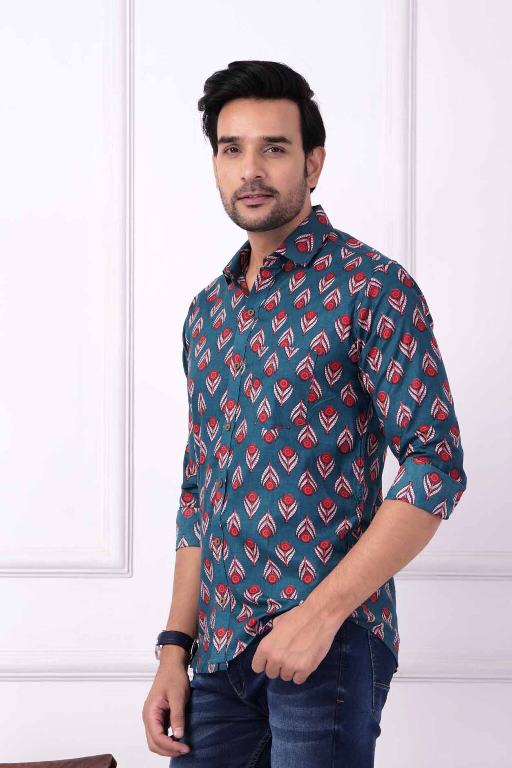 Dark Grey Blue Printed Shirt with Leafy Design
