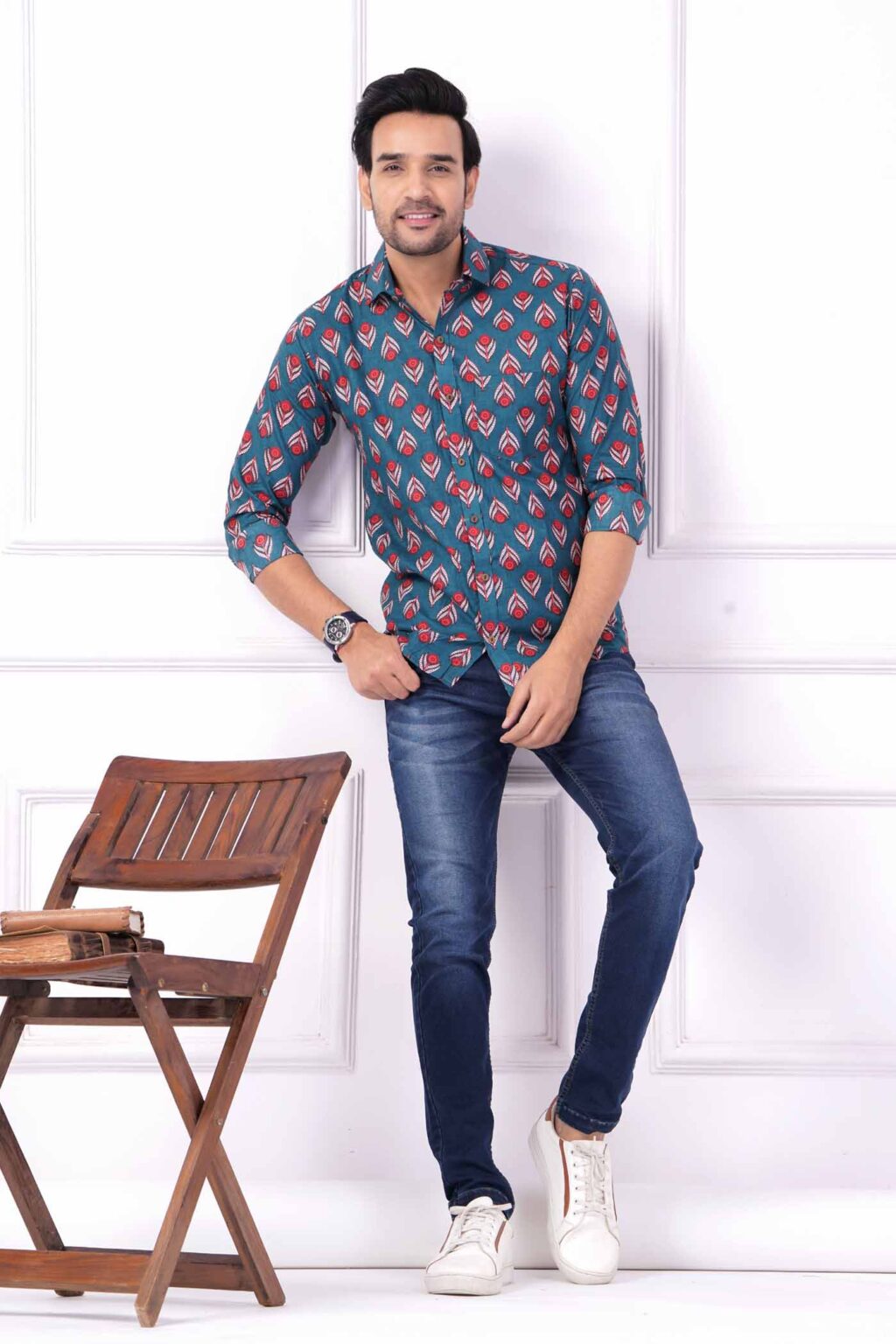 Dark Grey Blue Printed Shirt with Leafy Design