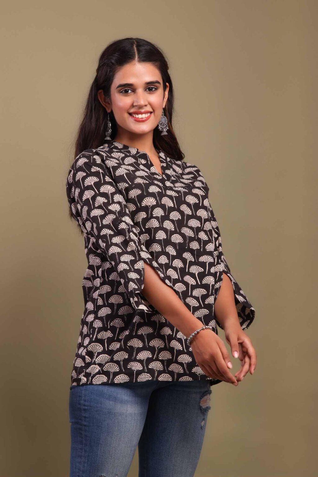 Black Printed Cotton Top with Floral Design