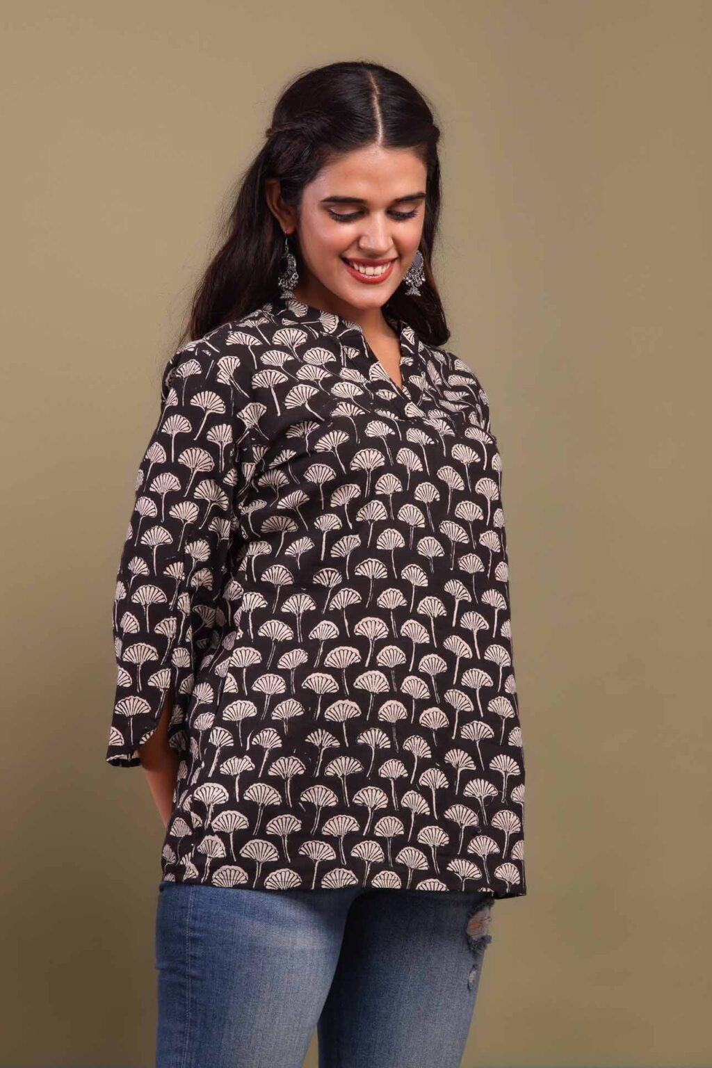 Black Printed Cotton Top with Floral Design