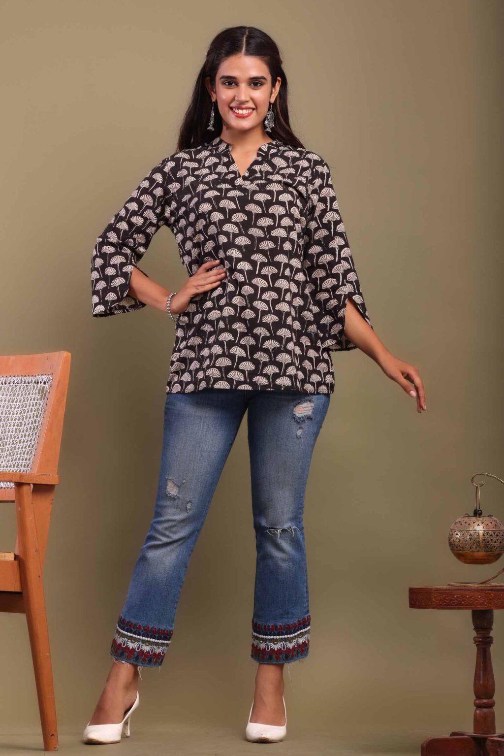 Black Printed Cotton Top with Floral Design