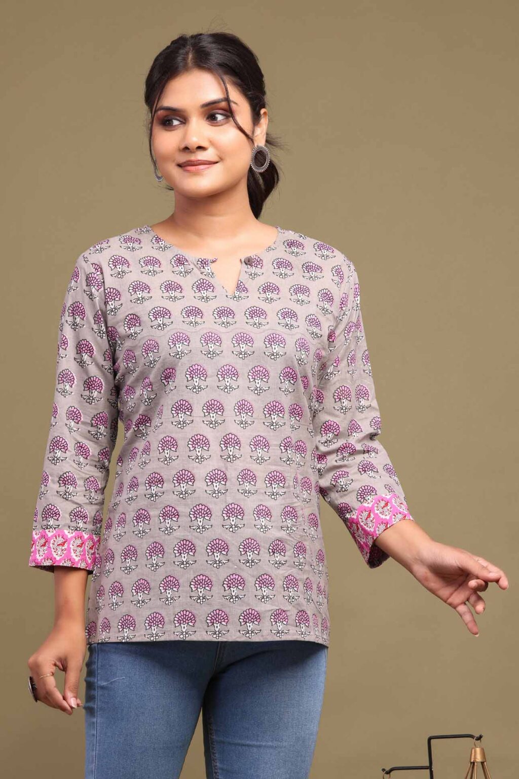 Hand Block Printed Pink Swan Colour Cotton Top with Floral Design