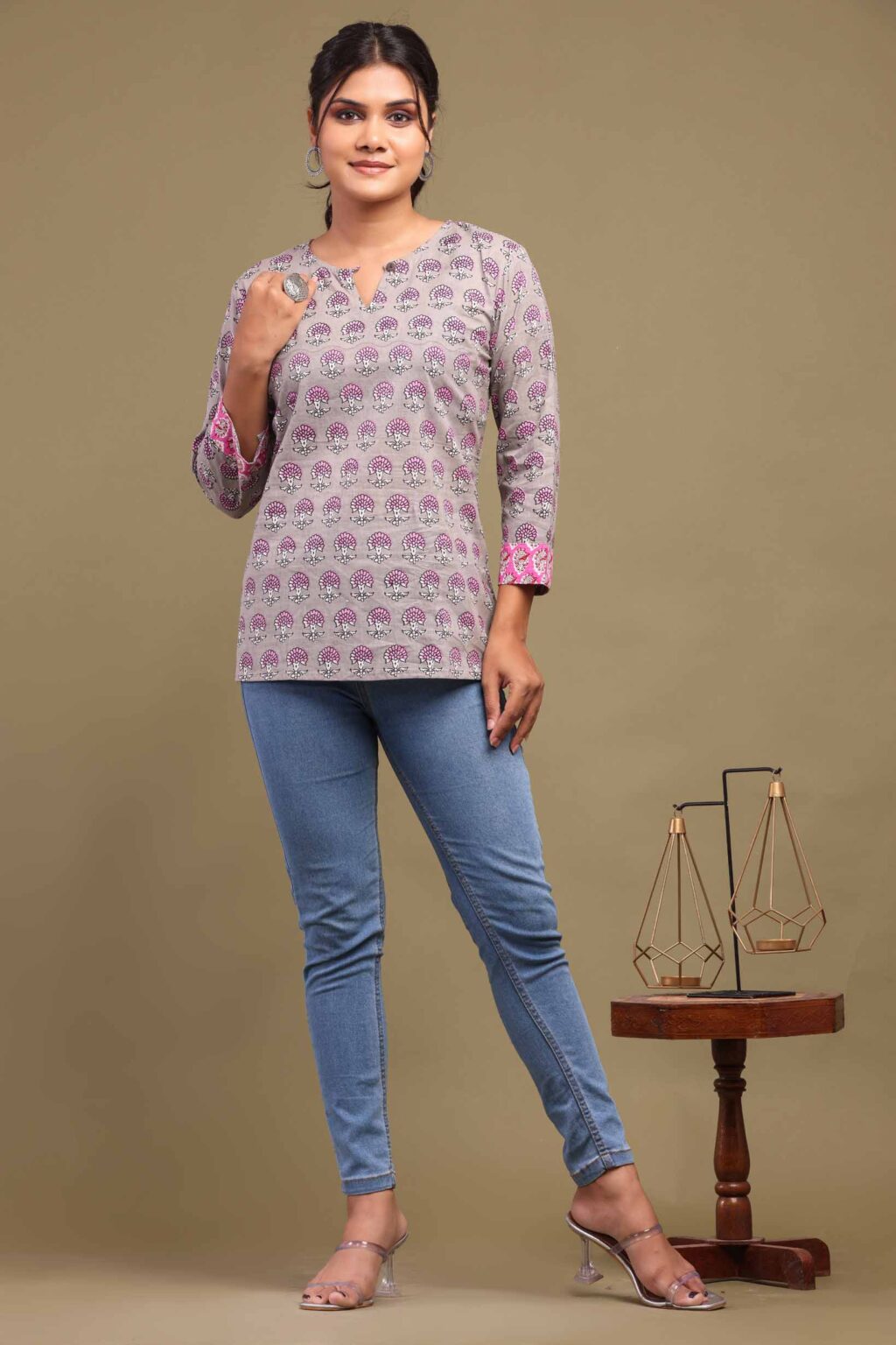 Hand Block Printed Pink Swan Colour Cotton Top with Floral Design