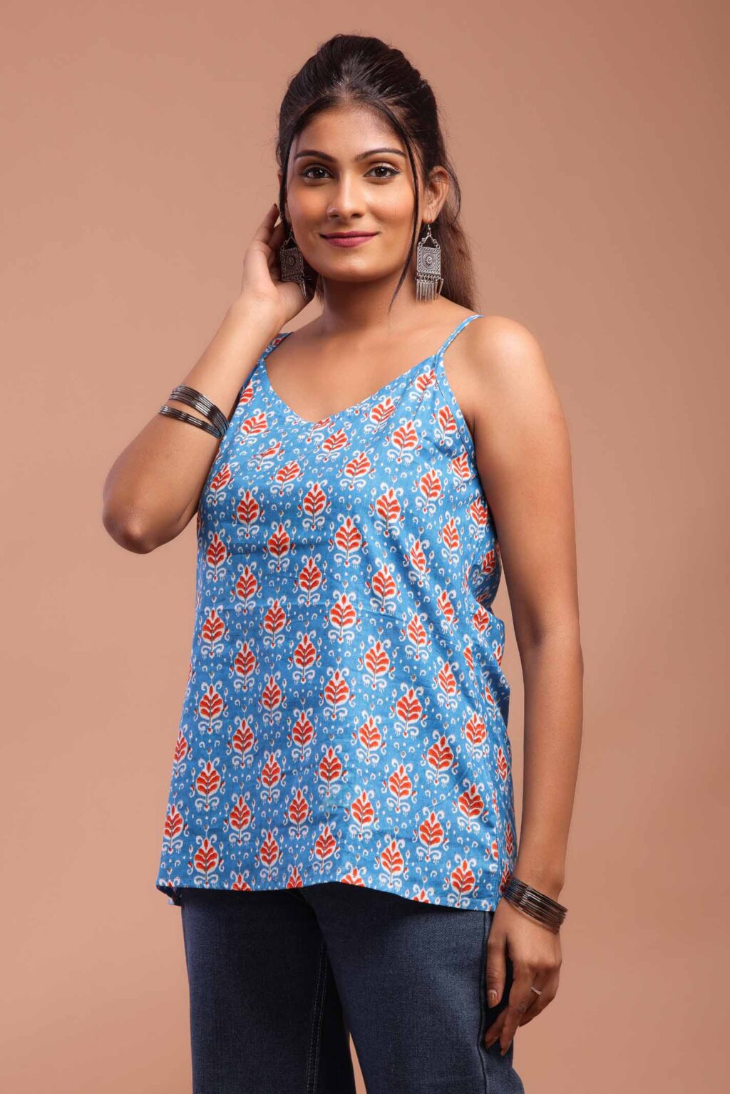 Jordy Blue Cotton Top With Floral Design