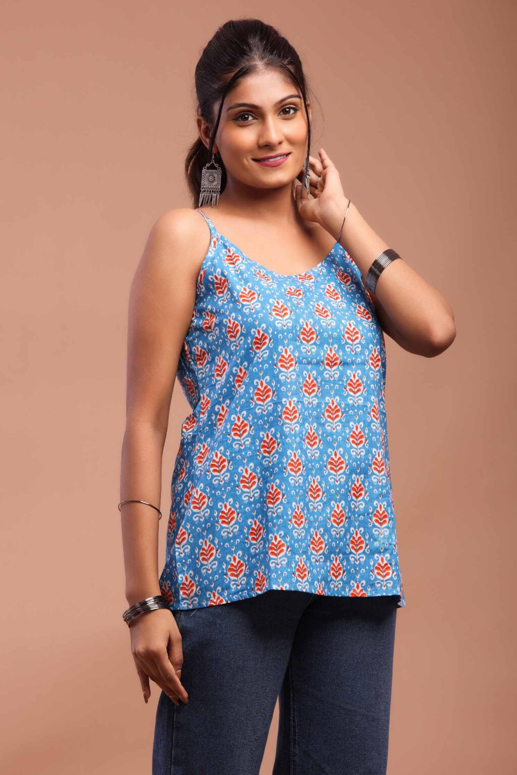 Jordy Blue Cotton Top With Floral Design