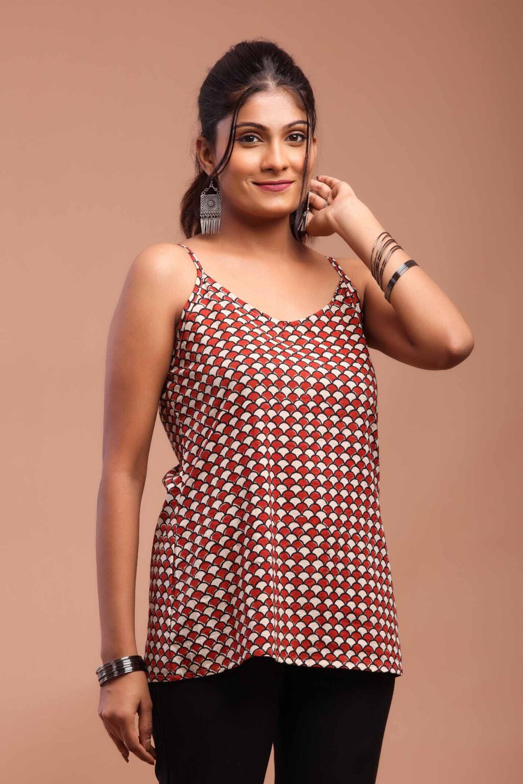 Red Bagru Printed Spaghetti Top