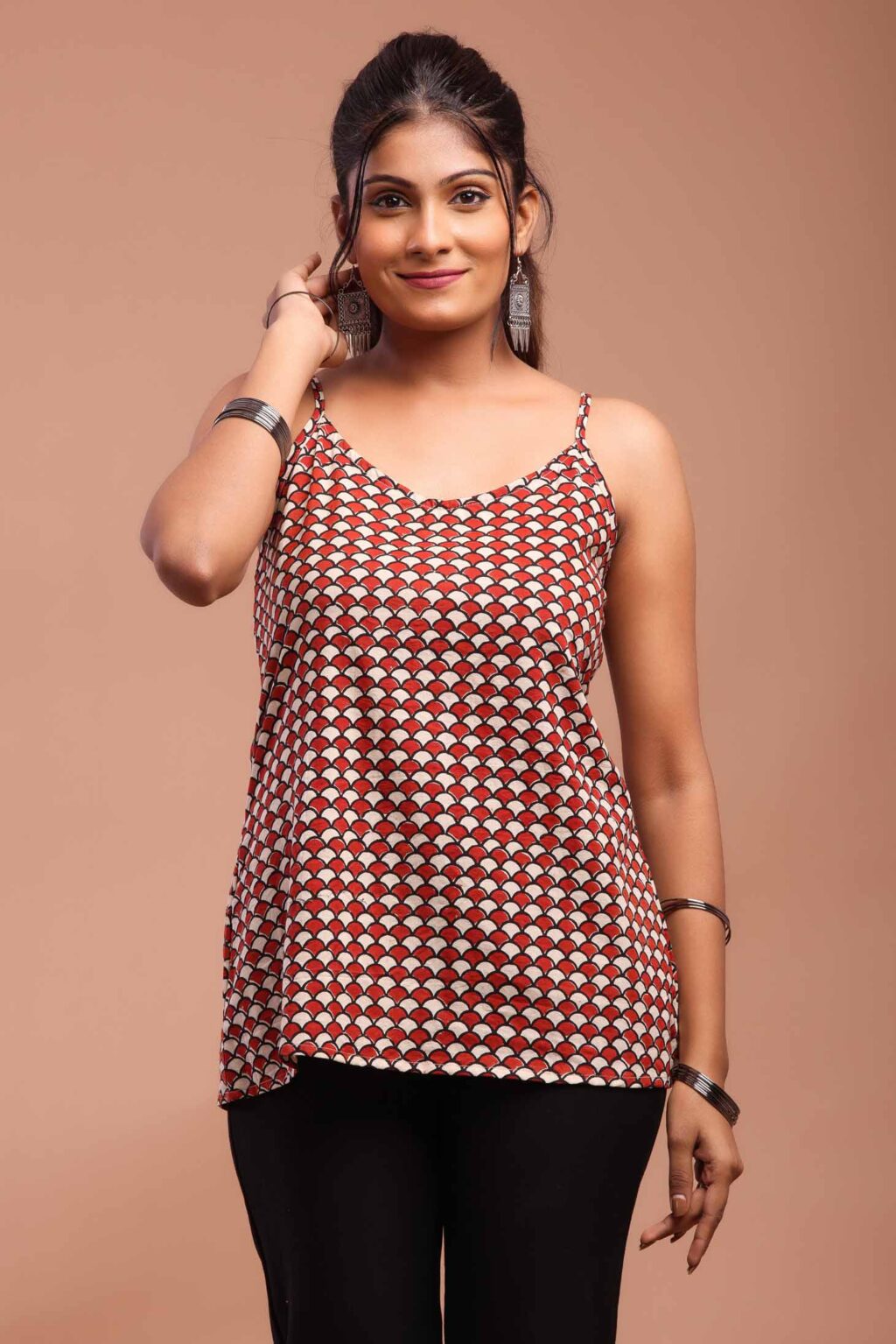 Red Bagru Printed Spaghetti Top