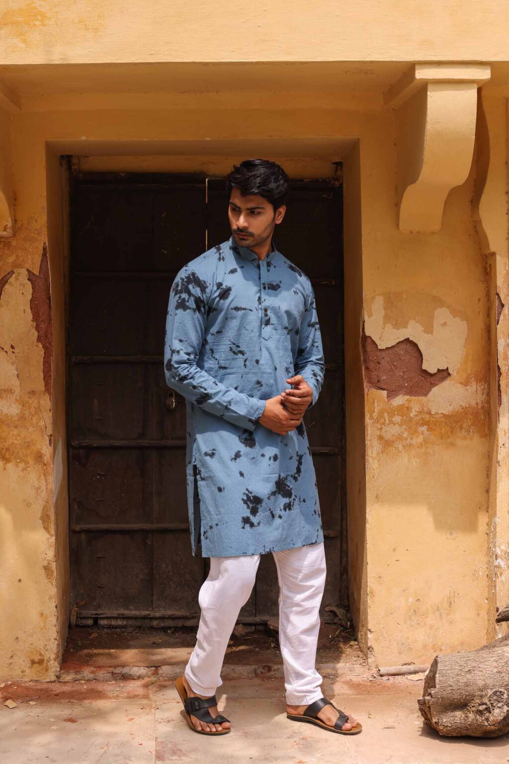 Gull Grey Tie & Dye Printed Kurta For Men